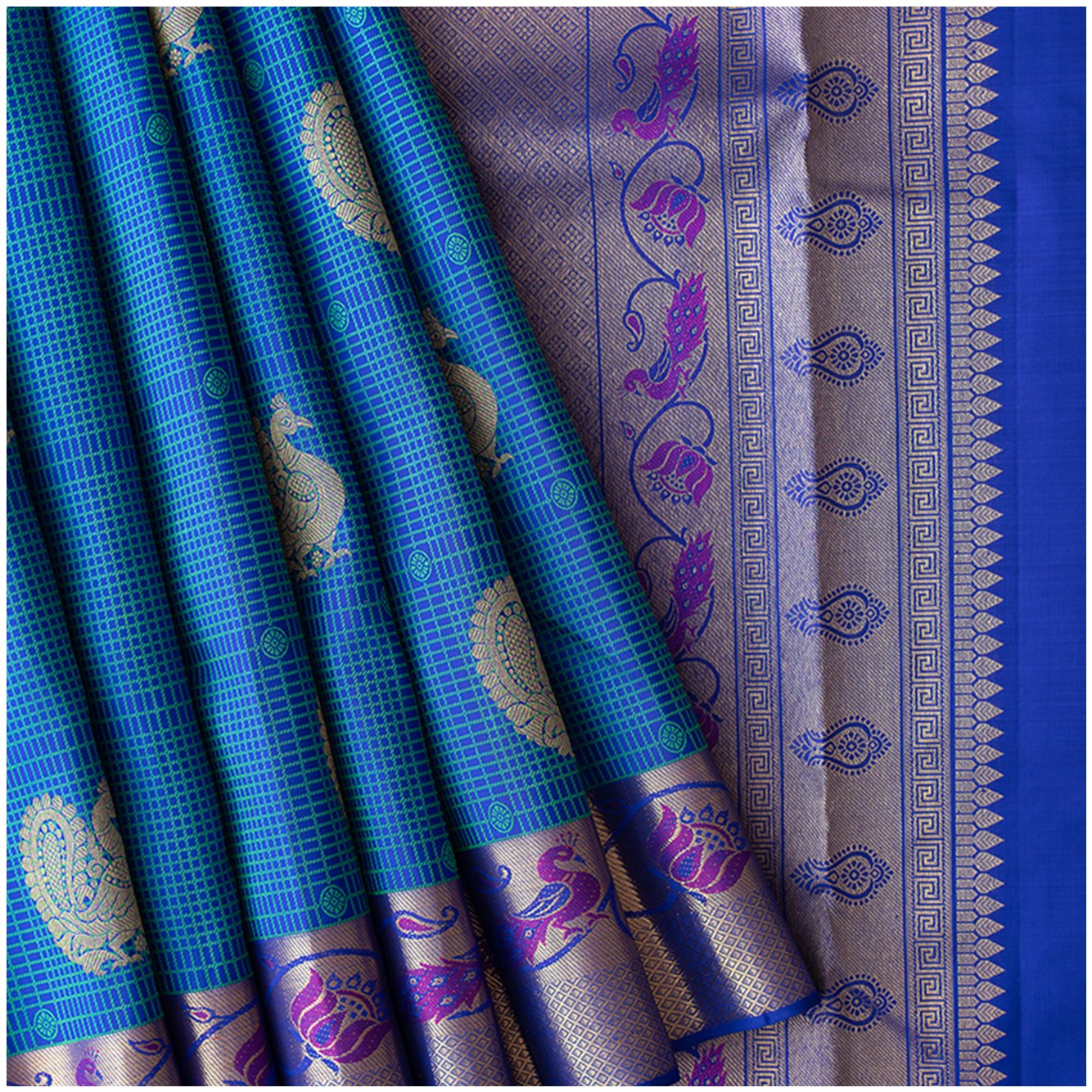 Blue Colour checked silk saree