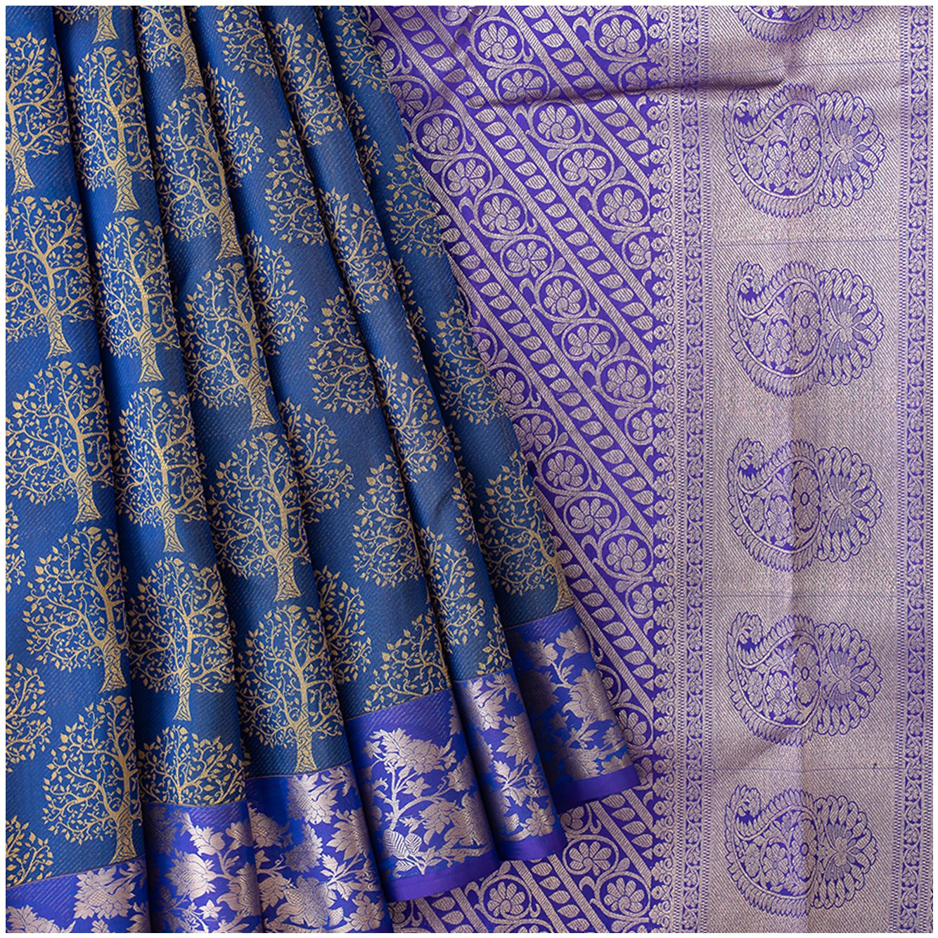 Blue with gold , silver colour silk saree