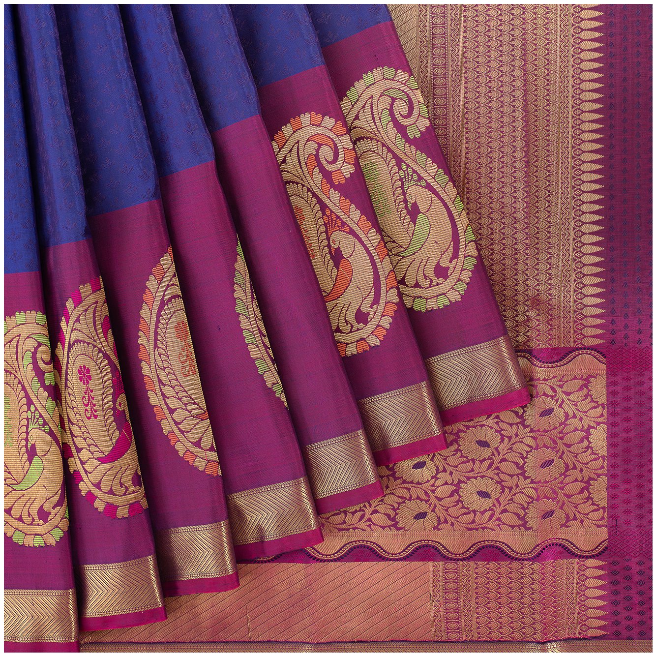 Royal blue Kanchipuram silk saree with long border and contrasting pallu